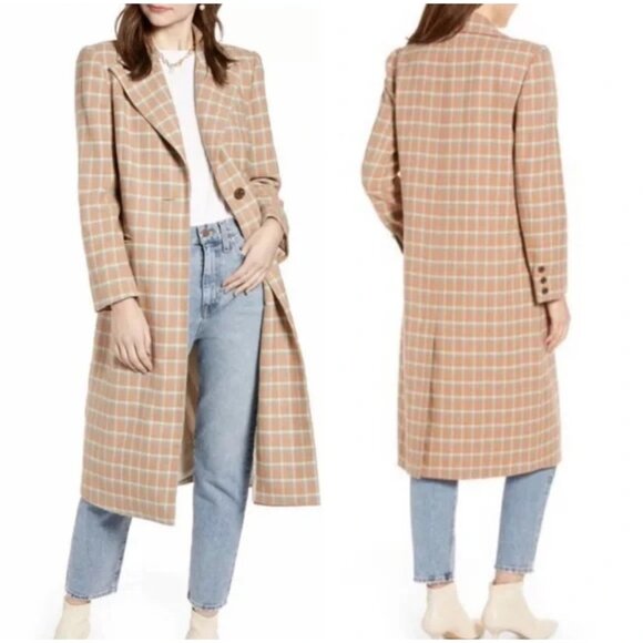 Something Navy Camel Plaid Long Coat – Check Wool Blend Single Button Overcoat, - Picture 1 of 9